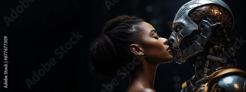 woman makes out with a robot. portrait on a black background. copy space. concept creative idea of ​​modern technology and future. banner