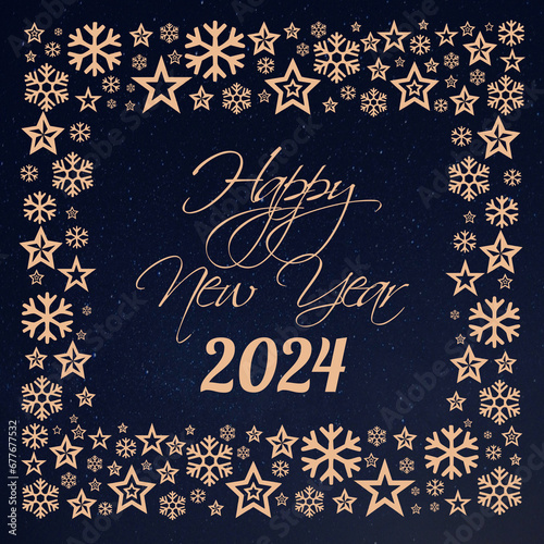 Square wish card 2024 written in English in gold font with a lot of golden stars on a starry blue background