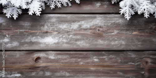 Fond hivernal. Planche de bois vide avec bordure enneigée, espace pour texte Table en bois. Pour la présentation d'un produit, maquette pour la période de Noël photo