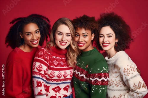 diverse group friendship old senior wear ornament sweaters arms isolated red color background