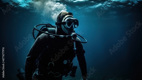A diver swimming in a deep blue sea  AI generated illustration photo