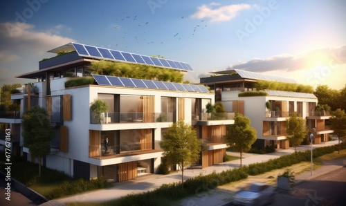 Modern eco-friendly multifamily homes with photovoltaic cells. Generative AI © Not Just a Picture