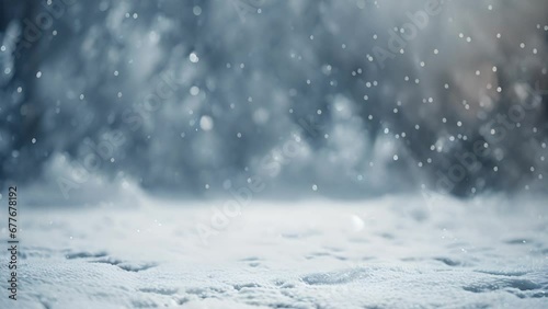 Gentle snowflakes falling on untouched snow cover, serene winter backdrop with soft focus and bokeh effect. Winter wonderland and tranquility. photo