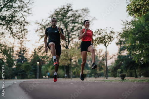 Attractive couple running together in the park during late evening.