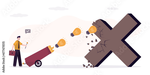 Smart businessman shoots ideas from cannon at huge cross sign. Overcoming obstacles, eliminating mistakes through innovation or brainstorming. New ideas develop business,