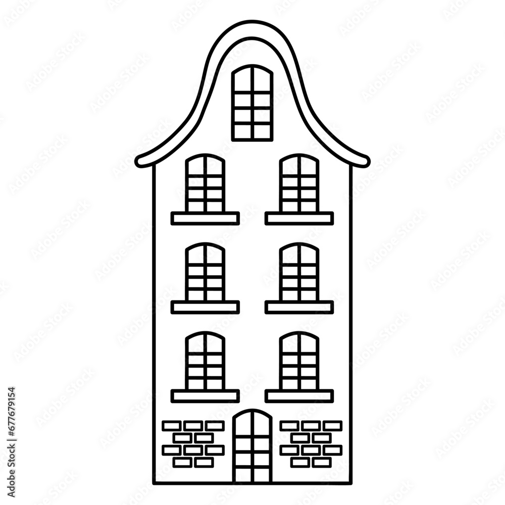 Cute scandinavian doodle house. Dutch canal linear home. Traditional architecture of Netherlands, Belgium and Amsterdam. Hand drawn vector illustration isolated on white background. Cute scandinavian doodle house. Dutch canal linear home. Traditional architecture of Netherlands, Belgium and Amsterdam. Hand drawn vector illustration isolated on white background.