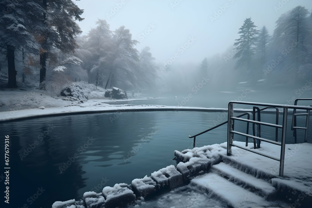 Naklejka premium Ice swimming place, ideal conditions for winter swimming, winter scenery, seasonal sport activity, generative ai
