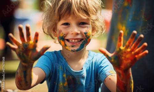 Joyful Creativity, Smiling Boy Expressively Painting on Face and Hands