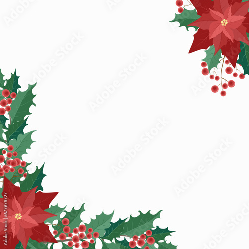sample corner Christmas composition of poinsettia and twigs with green leaves and red berries