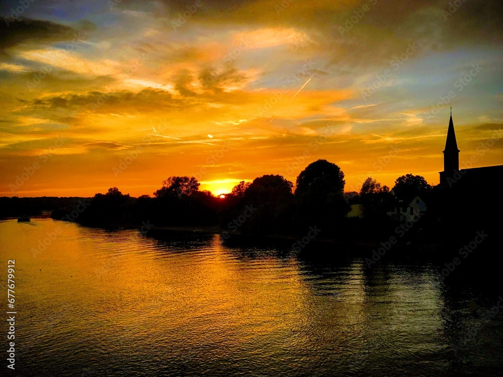 Sunset over the river Main near Mainz, Rhineland-Palatinate, Germany, October 2018