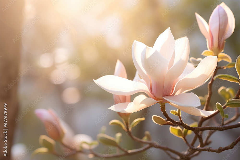 Pink spring blossom of magnolia flowers on soft background with copy space