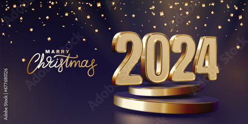 Marry Christmas 2024, happy new year, golden numbers 3d. Vector illustration