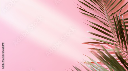 pink pastel background with palm trees, sunny light 
