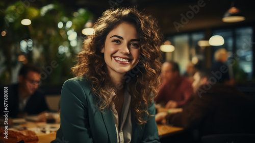 Cheerful businesswoman pitching her idea to her team during a meeting. Happy team leader having a discussion with her colleagues. Group of creative businesspeople working together in an office.