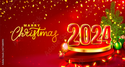 Marry Christmas 2024, happy new year, golden numbers 3d, gifts and toys near the tree.