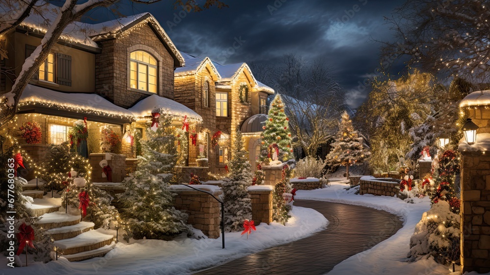 A stunning outdoor display of Christmas lights adorning homes and landscapes, creating a festive and vibrant neighborhood