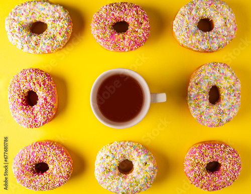 Assorted iced doughnuts with sprinkles and a mug of coffee