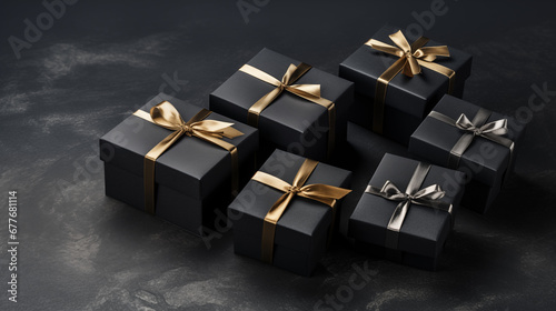 Black Friday Discounts Concept. Black Gift Boxes on a Dark Background. © Synaptic Studio
