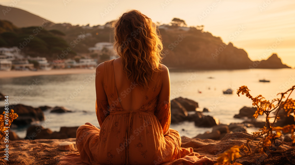woman in a dress sits on a rock on the seashore in the evening woman in a dress sits on a rock on the seashore in the evening