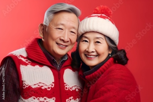 Asian old senior married couple wear ornament sweaters arms isolated red color background