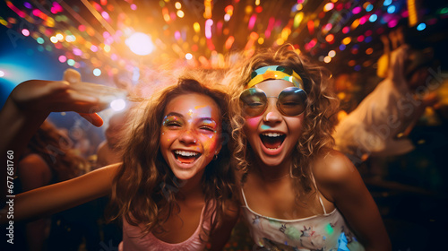Happy young womans having fun at disco club, portrait of smiling girls, celebrating new year or just fun, generative ai