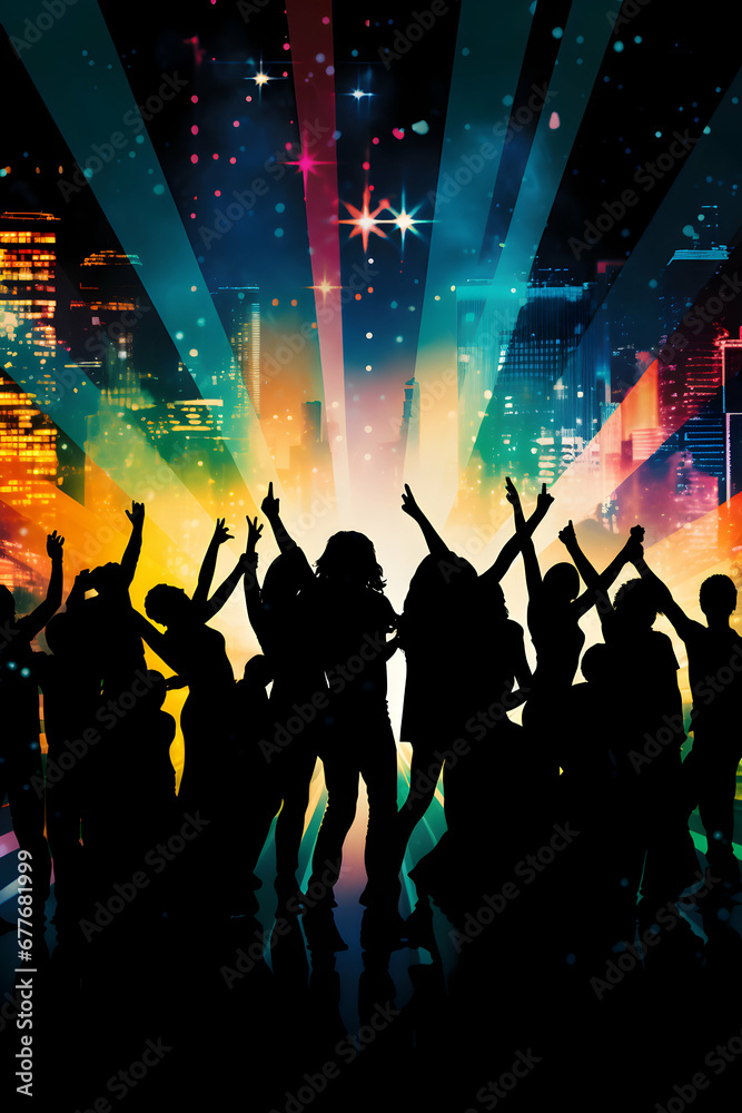 Silhouette of a party crowd on disco lights. Dancing in the club, template of party banner poster with free copy space, generative ai