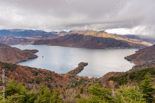 Aerial view of Lake Chuzenji in Nikko National Park, Tochigi Prefecture, Japan photo