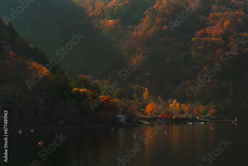 Idyllic landscape of lake Chuzenji in Nikko national park, Japan
