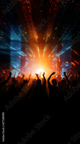 Silhouette of a party crowd on disco lights. Dancing in the club  template of party banner poster with free copy space  generative ai