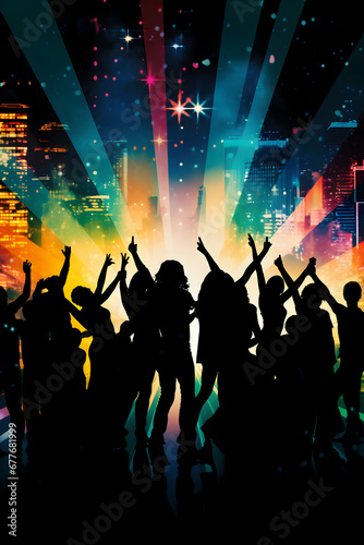 Silhouette of a party crowd on disco lights. Dancing in the club  template of party banner poster with free copy space  generative ai