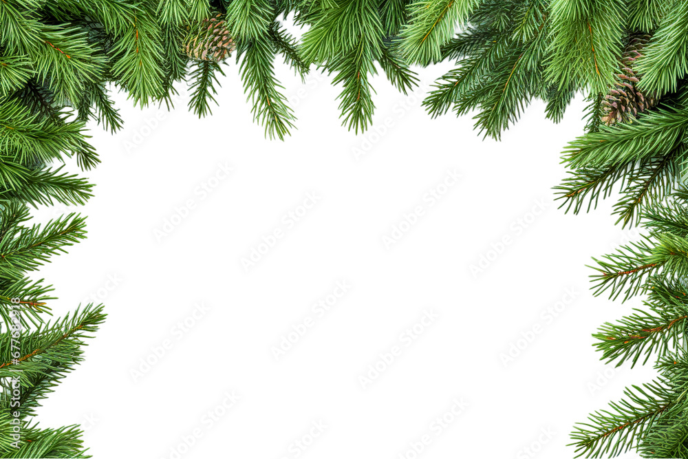 Border of isolated green Christmas tree branches at the edge on transparent background Border of isolated green Christmas tree branches at the edge on transparent background