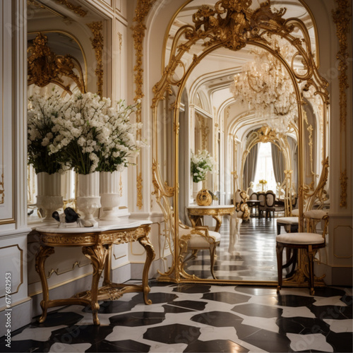 hotel lobby boutique french style clean, gold furnitune flowers , mirror wallpaper © نيلو ڤر