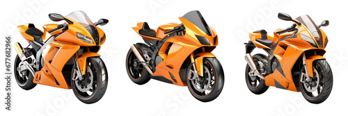 Set of orange sport bike motorcycle isolated on transparent background, side view. Generative AI