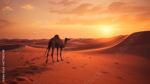 Lone camel stands of searing heat sandy desert watches at setting sun, camel symbolizes struggle against thirst, sweltering temperatures and unforgiving desert climate, endurance camel in desert © TRAVELARIUM