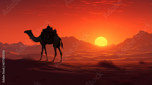 Silhouette of camel against sunset in heat sandy desert  vibrant sunset lights cast warm  enchanting glow  scorching sandy desert encapsulates timeless allure of desert landscape  serenity in desert