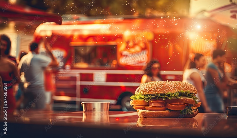 Food truck serving food, open store in a festive atmoshpere, created