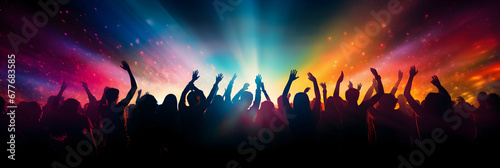 Silhouette of a party crowd on disco lights. Dancing in the club, template of party banner poster with free copy space, generative ai photo