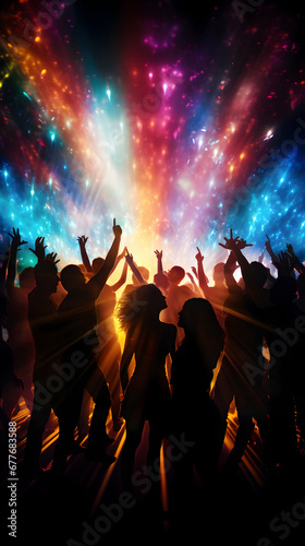 Silhouette of a party crowd on disco lights. Dancing in the club, template of party banner poster with free copy space, generative ai