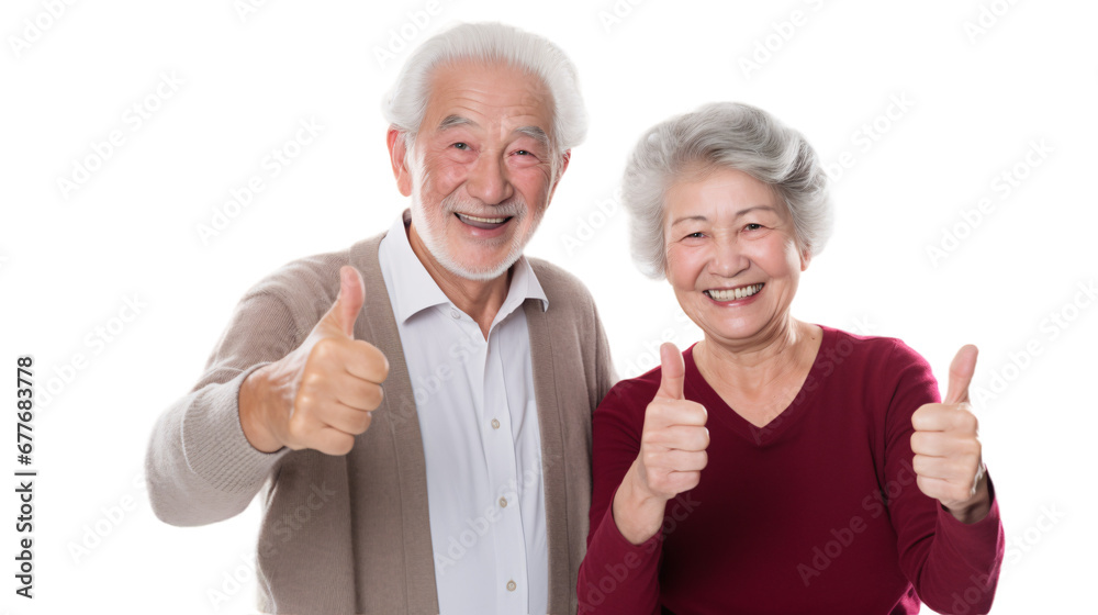 Cute senior couple showing thumbs up on transparent background. Cute senior couple showing thumbs up on transparent background.