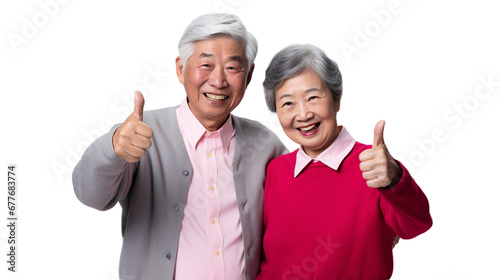 Cute asian senior couple showing thumbs up on transparent background.