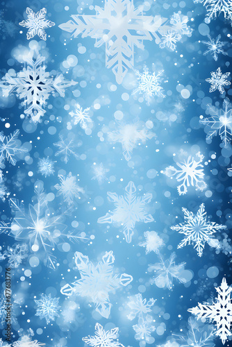 Light blue winter, stylized frame and background with snowflakes and stars, illustration that can be used during holidays or on a card, invitation or new year. Flying border with snow. Generative AI.