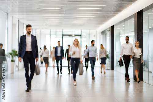 Pessoas desfocadas no corredor de uma empresa