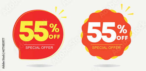 55% off. Tag, sticker, special offer. Advertising for sales, promo, discount, shop. Poster ten percent off price, value. Red and yellow balloon. Vector, symbol, icon