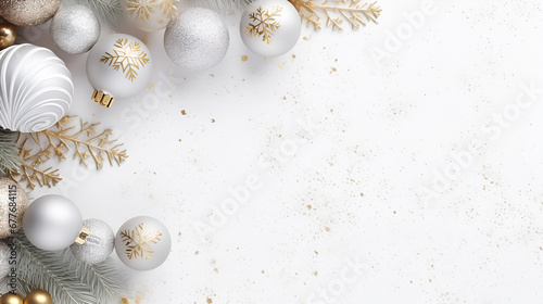 Christmas frame with snowy Christmas tree branches, gold and silver baubles on a light white background. Flat lay, top view, copy space. Christmas banner mockup.