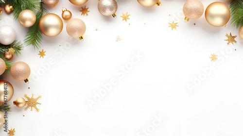 Christmas holiday frame with Christmas tree branches, golden baubles on a white background. Flat lay, top view, copy space for text. Christmas banner mockup.
