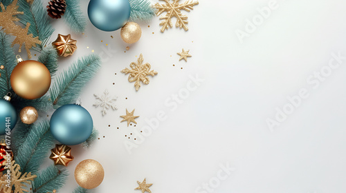 Christmas and New Year holiday frame with Christmas tree branches  gold and turquoise baubles on a white background. Flat lay  top view  copy space for text. Christmas banner mockup.