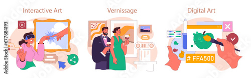 Museum or art gallery exhibition set. Visitors exploring diverse artworks. Curator guiding a excursion with interactive displays. Contemporary and classic art installation. Flat vector illustration
