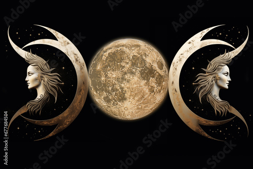 Triple Goddess Symbol. Waxing-Full-Waning Moon.  Hecate. Witchcraft. Paganism photo