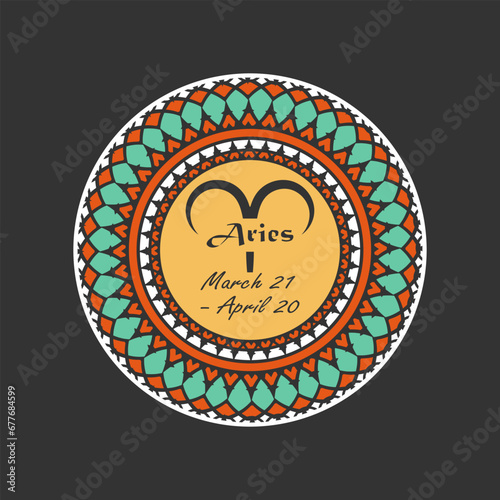 Zodiac sign Aries in a round paterned frame. Icon, emblem on a black background. Vector illustration