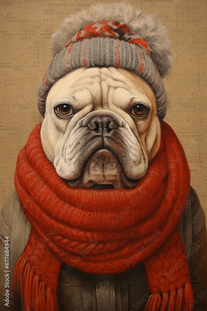 Bulldog in a hat and scarf, dog in winter clothes